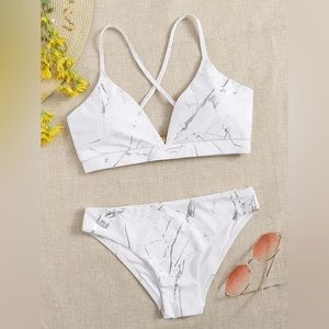 Shein Marble Pattern Criss Cross Bikini Swimsuit